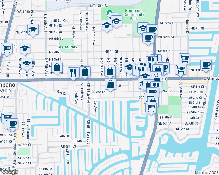 map of restaurants, bars, coffee shops, grocery stores, and more near 1414 Southeast 1st Street in Pompano Beach
