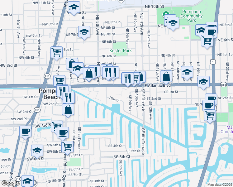 map of restaurants, bars, coffee shops, grocery stores, and more near 131 Southeast 7th Avenue in Pompano Beach