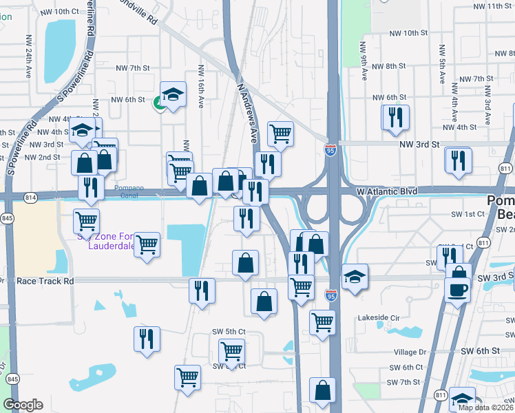 map of restaurants, bars, coffee shops, grocery stores, and more near 37-57 S Andrews Ave in Pompano Beach
