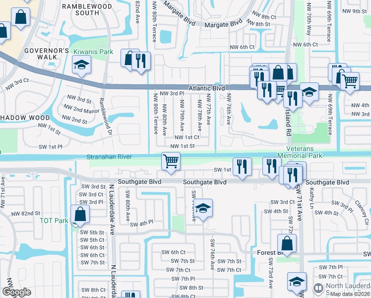 map of restaurants, bars, coffee shops, grocery stores, and more near 7884 Northwest 1st Street in Margate
