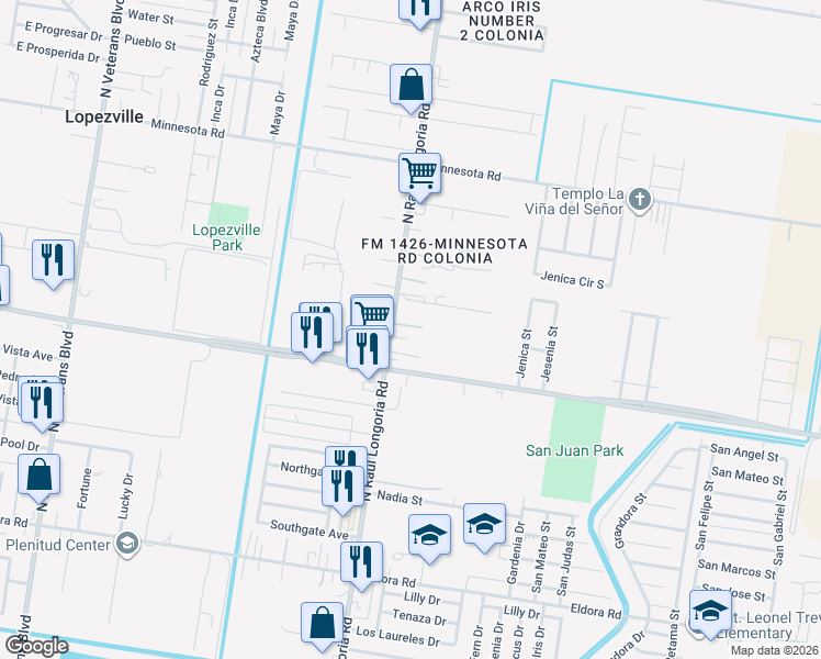 map of restaurants, bars, coffee shops, grocery stores, and more near 3805 North Raul Longoria Road in San Juan