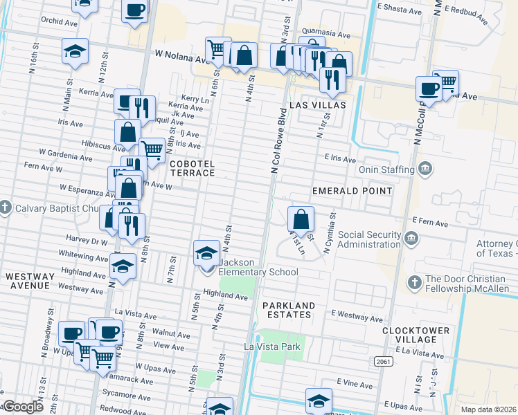 map of restaurants, bars, coffee shops, grocery stores, and more near 205 Fern Avenue West in McAllen