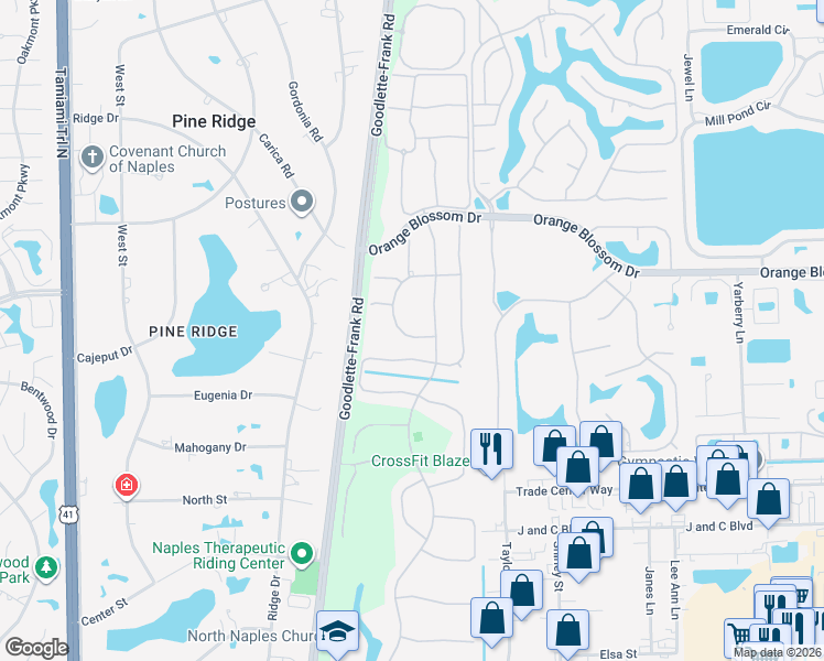 map of restaurants, bars, coffee shops, grocery stores, and more near 7063 Timberland Circle in Naples