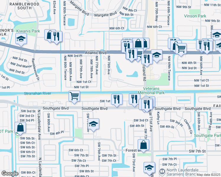 map of restaurants, bars, coffee shops, grocery stores, and more near 18 Northwest 1st Street in Margate