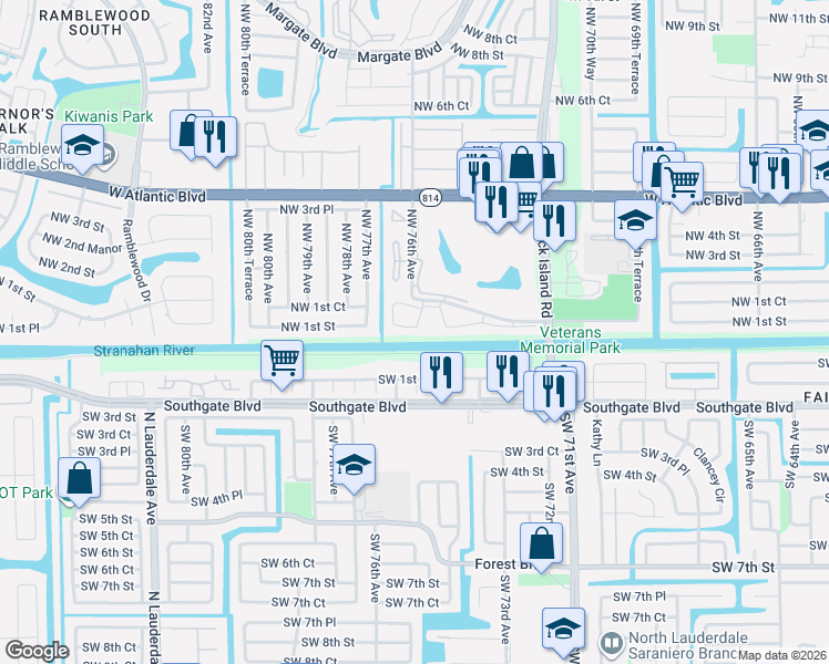 map of restaurants, bars, coffee shops, grocery stores, and more near 18 Northwest 1st Street in Margate