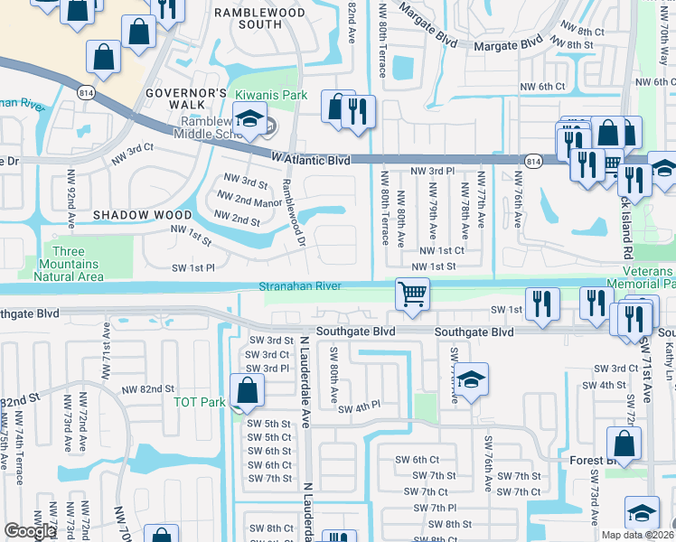 map of restaurants, bars, coffee shops, grocery stores, and more near 8162 Southwest 1st Manor in Coral Springs