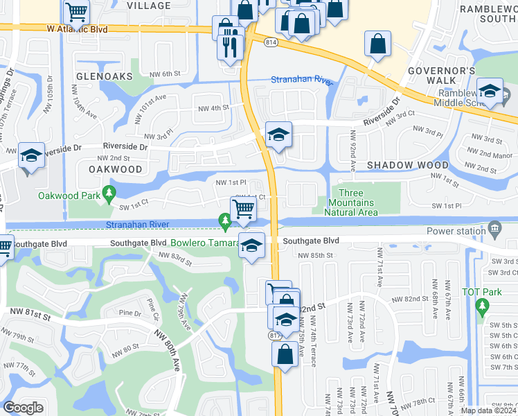 map of restaurants, bars, coffee shops, grocery stores, and more near 146 Southwest 96th Lane in Coral Springs