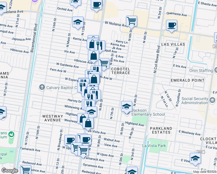 map of restaurants, bars, coffee shops, grocery stores, and more near 715 West Esperanza Avenue in McAllen