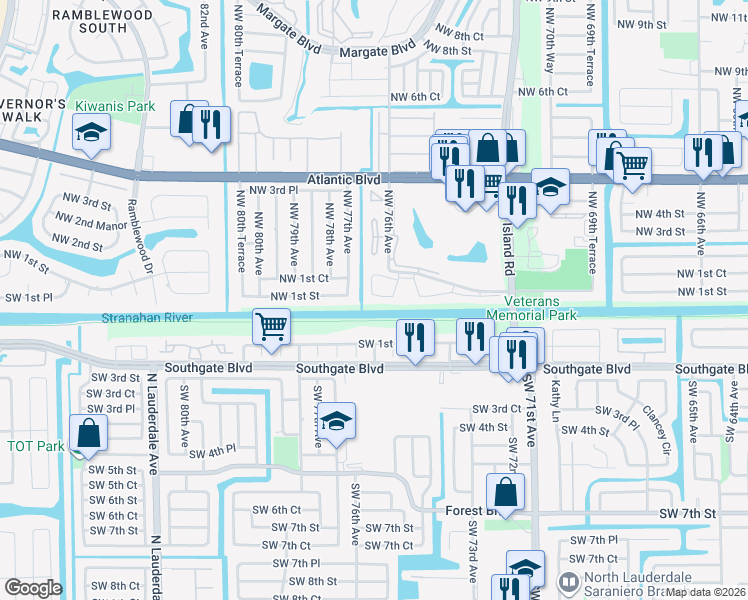 map of restaurants, bars, coffee shops, grocery stores, and more near 7610 Northwest 1st Street in Margate