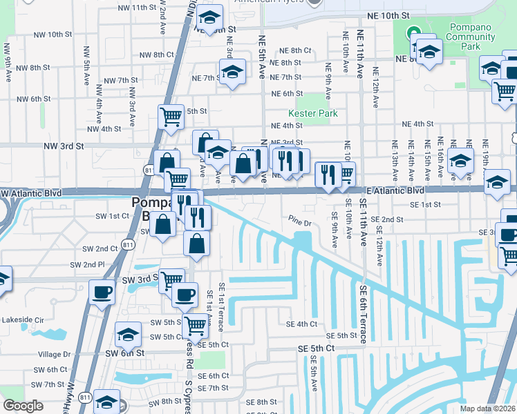 map of restaurants, bars, coffee shops, grocery stores, and more near 475 Southeast 1st Street in Pompano Beach