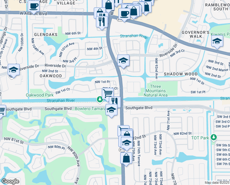 map of restaurants, bars, coffee shops, grocery stores, and more near 146 Southwest 96th Lane in Coral Springs