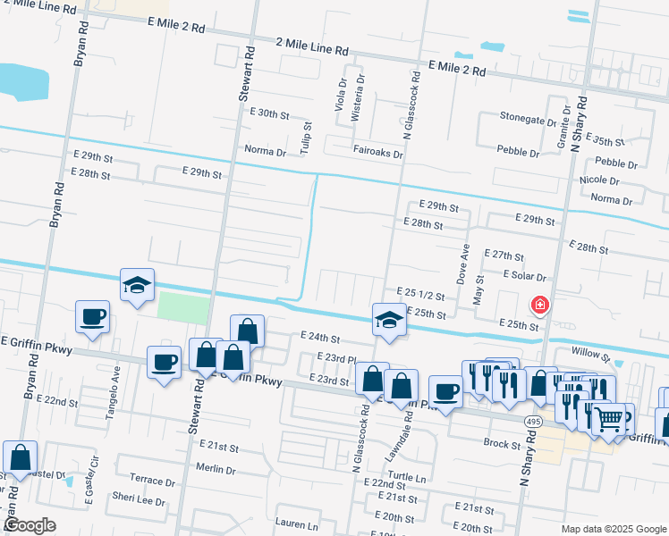map of restaurants, bars, coffee shops, grocery stores, and more near 1714 Solar Drive in Mission