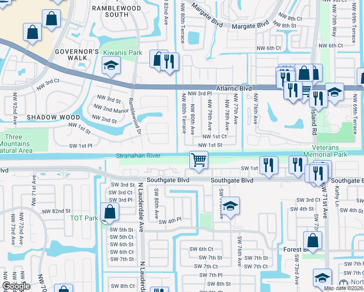 map of restaurants, bars, coffee shops, grocery stores, and more near 101 Northwest 80th Terrace in Margate
