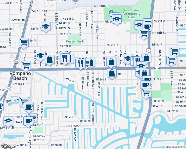 map of restaurants, bars, coffee shops, grocery stores, and more near 107 Southeast 12th Avenue in Pompano Beach