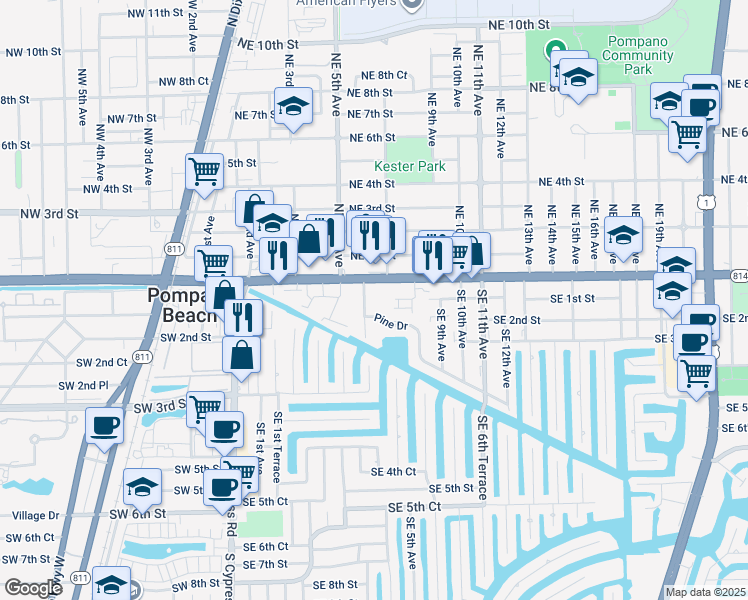 map of restaurants, bars, coffee shops, grocery stores, and more near 141 South East 7th Way in Pompano Beach