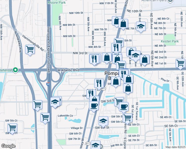 map of restaurants, bars, coffee shops, grocery stores, and more near 301 Southwest 1st Court in Pompano Beach