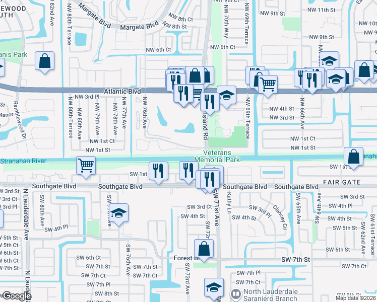 map of restaurants, bars, coffee shops, grocery stores, and more near 3 Northwest 1st Street in Margate