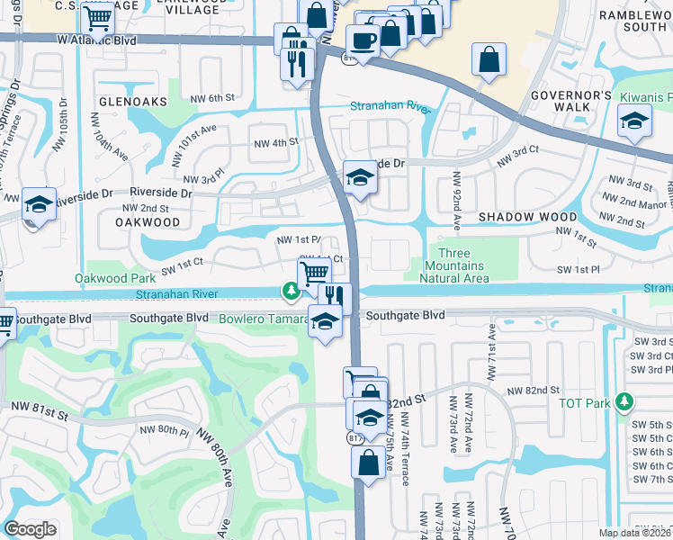 map of restaurants, bars, coffee shops, grocery stores, and more near 146 Southwest 96th Lane in Coral Springs
