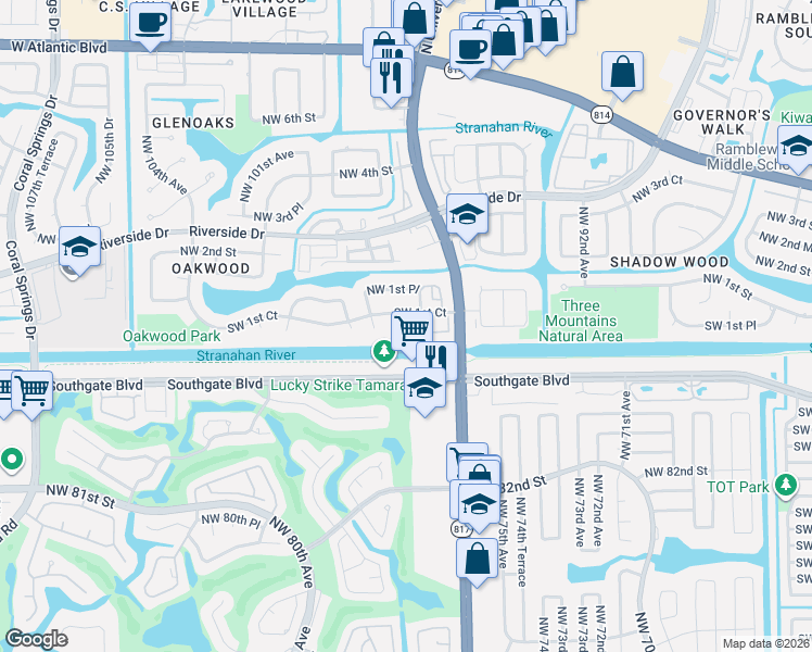 map of restaurants, bars, coffee shops, grocery stores, and more near 146 Southwest 96th Lane in Coral Springs