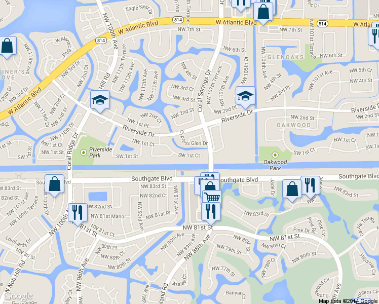 map of restaurants, bars, coffee shops, grocery stores, and more near 10900 Southwest 1st Court in Coral Springs