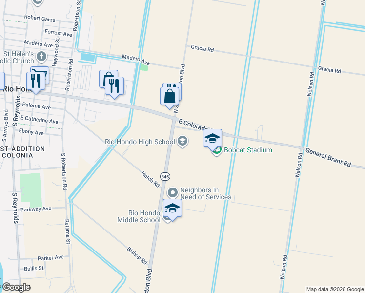 map of restaurants, bars, coffee shops, grocery stores, and more near 22547 Texas 345 in Rio Hondo