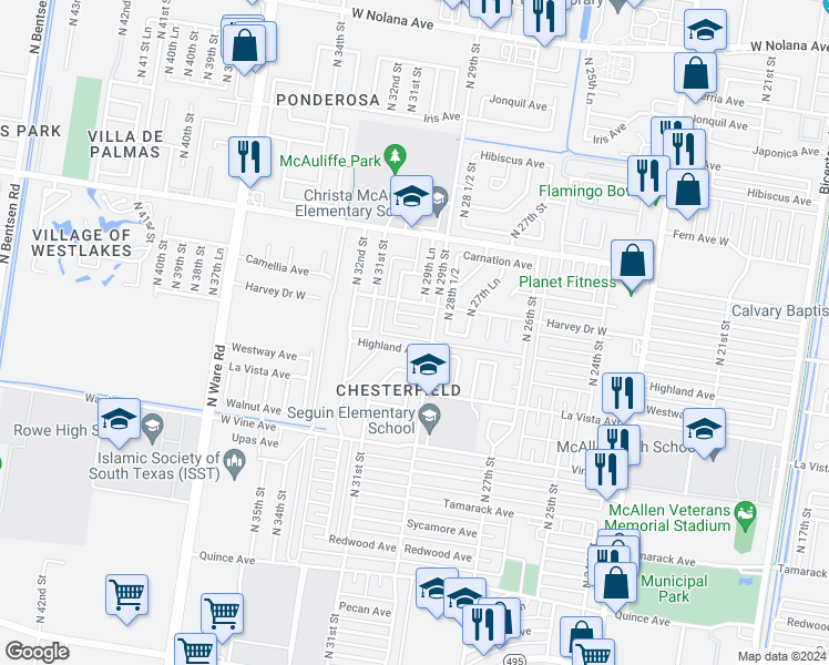 map of restaurants, bars, coffee shops, grocery stores, and more near 2904 Highland Avenue in McAllen