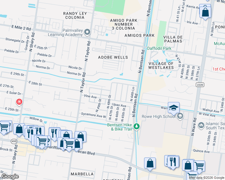 map of restaurants, bars, coffee shops, grocery stores, and more near 2301 North 47th Street in McAllen