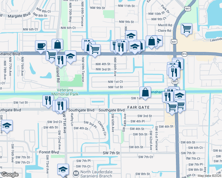 map of restaurants, bars, coffee shops, grocery stores, and more near 6646 Northwest 1st Street in Margate