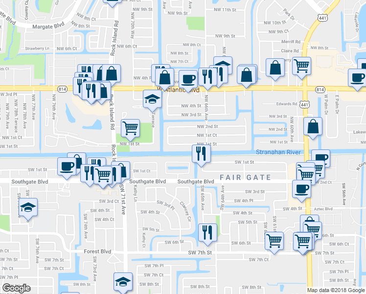 map of restaurants, bars, coffee shops, grocery stores, and more near 6800 Northwest 1st Street in Margate