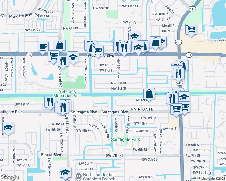 map of restaurants, bars, coffee shops, grocery stores, and more near 6668 Northwest 1st Street in Margate