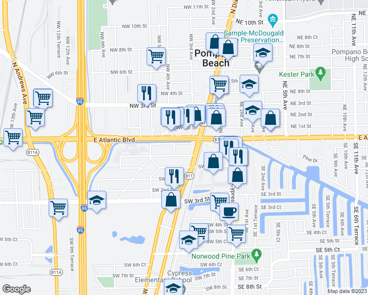 map of restaurants, bars, coffee shops, grocery stores, and more near 222 Southwest 1st Street in Pompano Beach