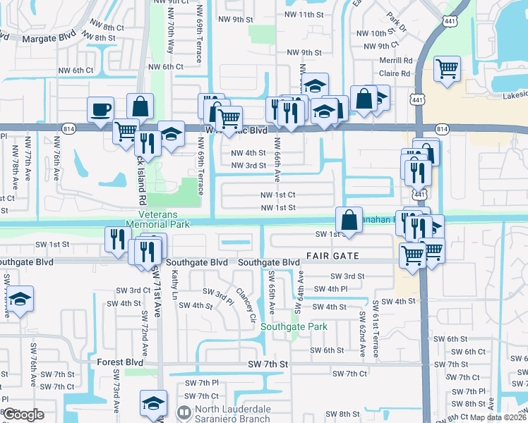 map of restaurants, bars, coffee shops, grocery stores, and more near 6668 Northwest 1st Street in Margate