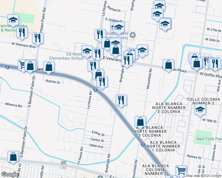 map of restaurants, bars, coffee shops, grocery stores, and more near 1001 Donna Street in Palmview