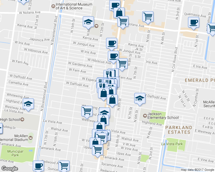map of restaurants, bars, coffee shops, grocery stores, and more near 3001 North 10th Street in McAllen