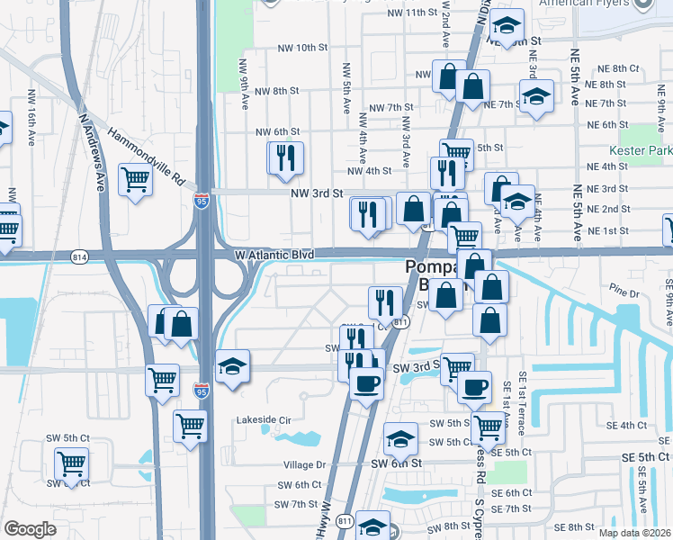 map of restaurants, bars, coffee shops, grocery stores, and more near 337 Southwest 1st Court in Pompano Beach