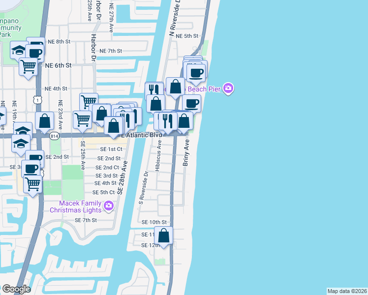 map of restaurants, bars, coffee shops, grocery stores, and more near 111 Briny Avenue in Pompano Beach