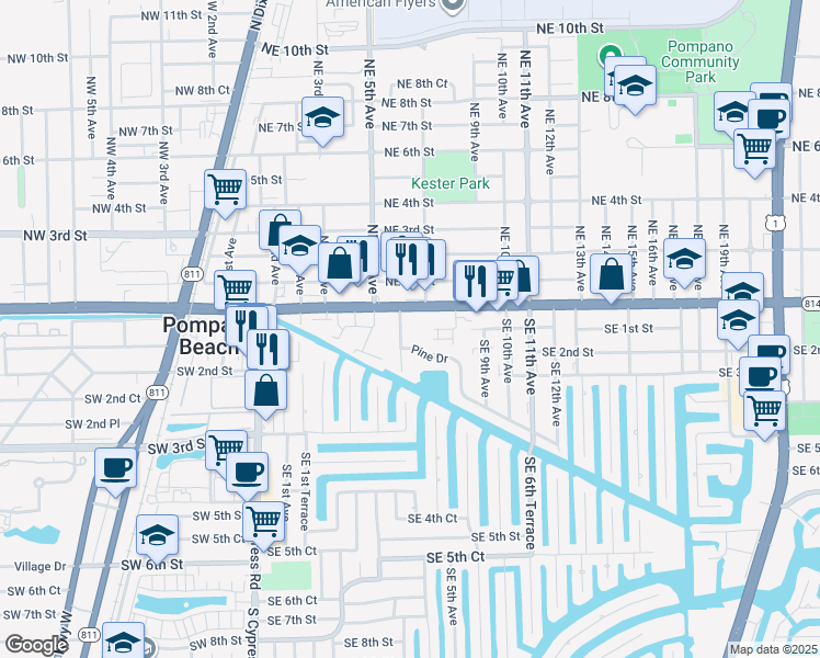 map of restaurants, bars, coffee shops, grocery stores, and more near 141 South East 7th Way in Pompano Beach