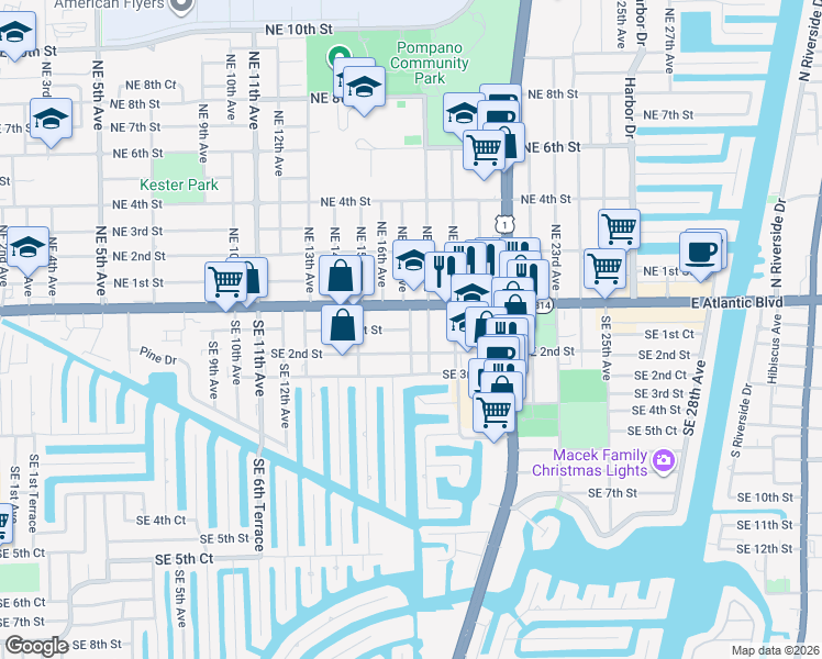 map of restaurants, bars, coffee shops, grocery stores, and more near Southeast 1st Street in Pompano Beach