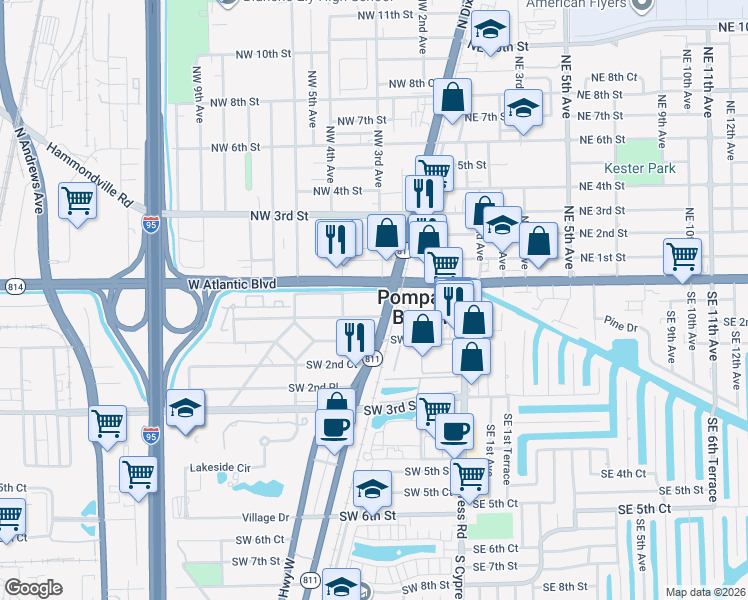 map of restaurants, bars, coffee shops, grocery stores, and more near 203-205 Northeast 1st Avenue in Pompano Beach