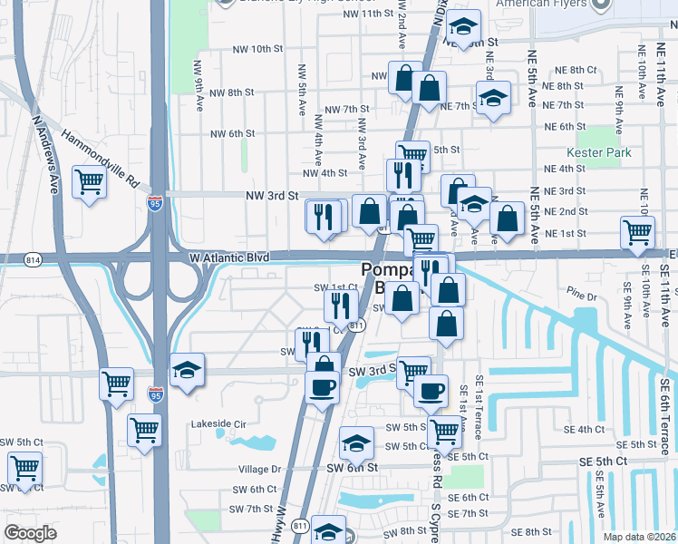map of restaurants, bars, coffee shops, grocery stores, and more near 230 Southwest 1st Street in Pompano Beach