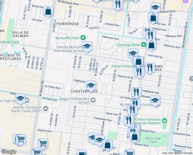 map of restaurants, bars, coffee shops, grocery stores, and more near 2805 Whitewing Avenue in McAllen