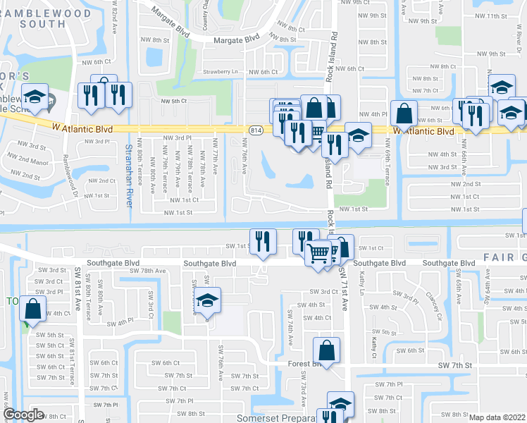 map of restaurants, bars, coffee shops, grocery stores, and more near 18 Northwest 1st Street in Margate