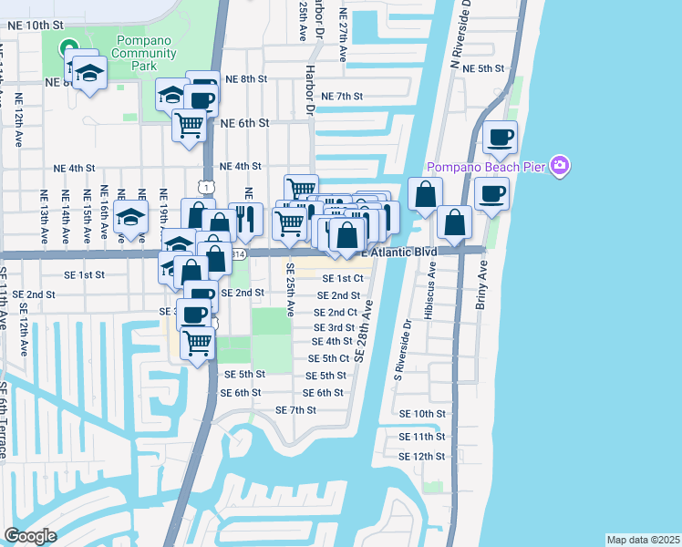 map of restaurants, bars, coffee shops, grocery stores, and more near 2660 Southeast 1st Court in Pompano Beach
