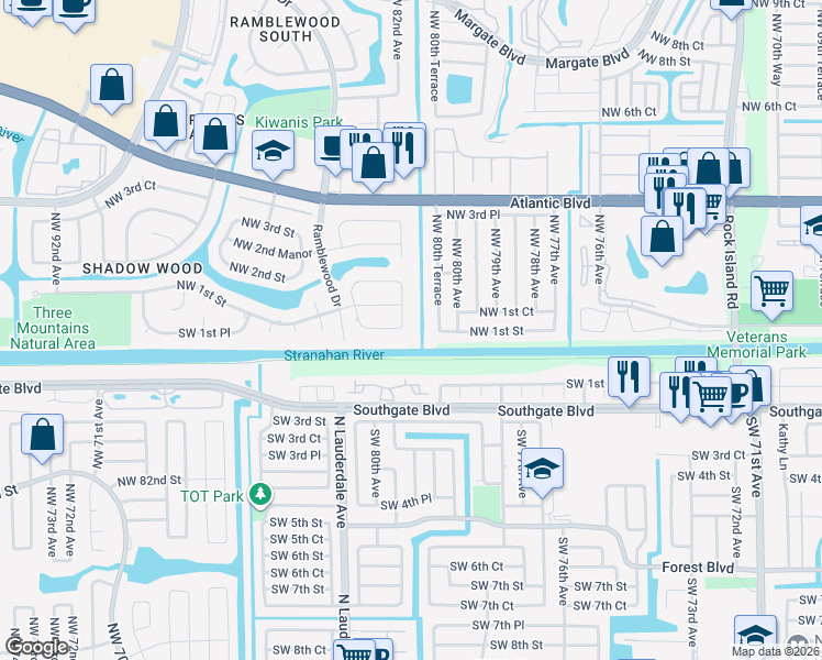 map of restaurants, bars, coffee shops, grocery stores, and more near 101 Northwest 80th Terrace in Margate