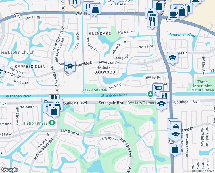 map of restaurants, bars, coffee shops, grocery stores, and more near 10164 Southwest 1st Court in Coral Springs