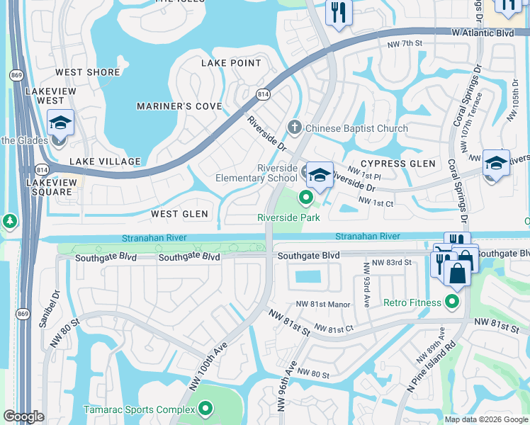 map of restaurants, bars, coffee shops, grocery stores, and more near in Coral Springs