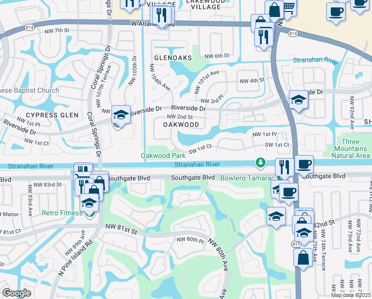 map of restaurants, bars, coffee shops, grocery stores, and more near 10164 Southwest 1st Court in Coral Springs