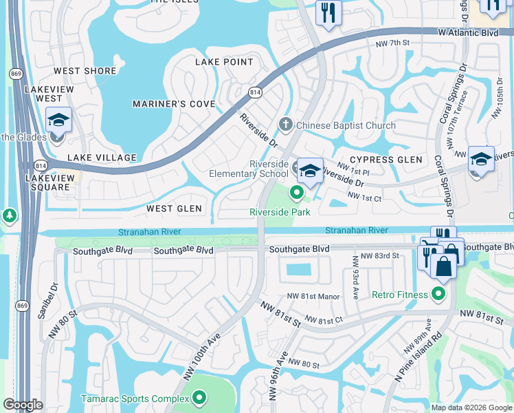 map of restaurants, bars, coffee shops, grocery stores, and more near in Coral Springs