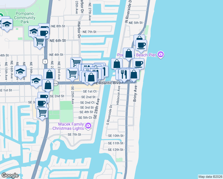 map of restaurants, bars, coffee shops, grocery stores, and more near 105 South Riverside Drive in Pompano Beach