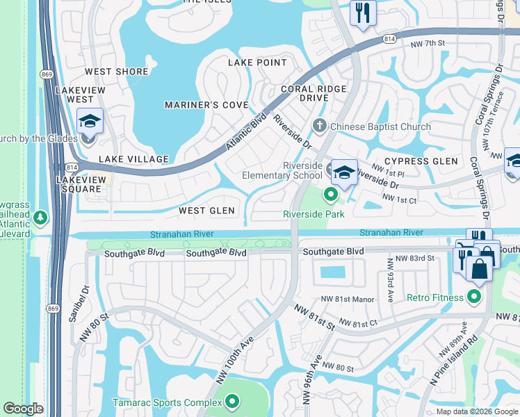 map of restaurants, bars, coffee shops, grocery stores, and more near 11775 Southwest 1st Street in Coral Springs